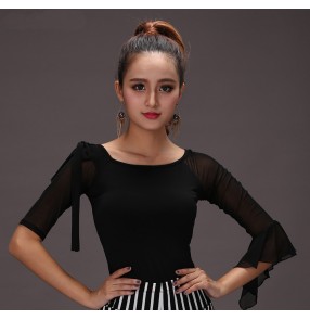 Black see through trumpet  short sleeves round neck competition performance women's ladies female ballroom latin dancing dance tops blouses shirts 